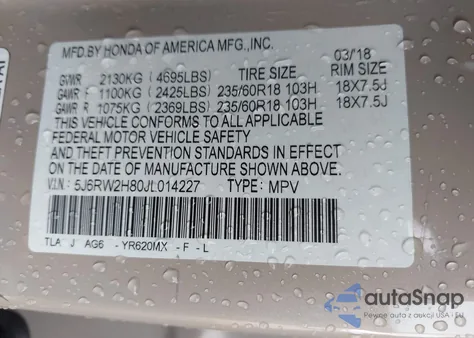 2018 Honda Cr-V Ex-L/Ex-L Navi from USA, damaged, VIN 5J6RW2H80JL014227